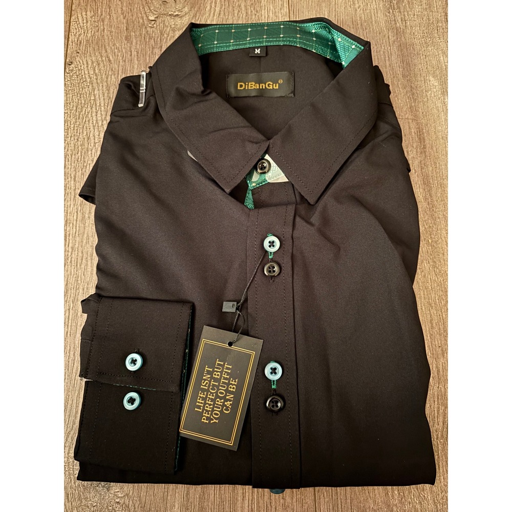 DiBanGu Mens Dress Shirt Black Teal Accents Long Sleeve Button Up Medium NWT